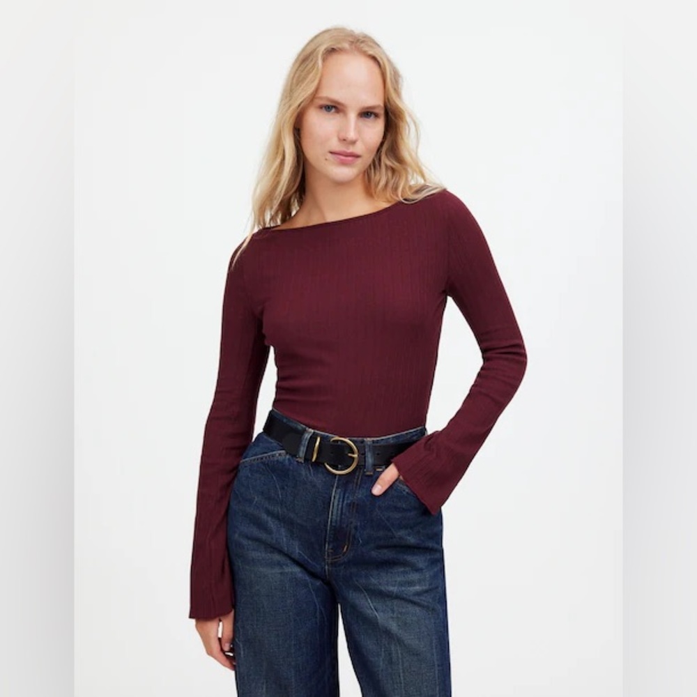 NWT Madewell Ribbed Long-Sleeve Boatneck Top in Burgundy - Picture 2 of 12